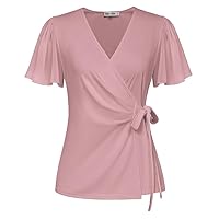 GRACE KARIN 2024 Womens Summer Tops Dressy Casual Short Sleeve Chiffon V-Neck Wrap Business Work Cute Fitted Blouses