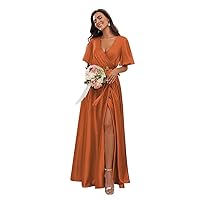 Dexinyuan Women's A Line Bridesmaid Dresses Long Plus Size with Slit Pleated Flowy Satin Formal Party Dresses with Belt Orange 22
