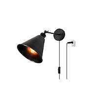 Modern Industrial Wall Lamp with Switch On Off And Plug In Hardwired, Metal Black Wall Mounted Lighting E27 Base Sconces Vintage Wall Lights Reading Fixtures for Indoor Bedside Bedroom Living Room