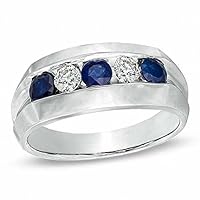 The Diamond Deal 10k SOLID White Gold Mens Round Shaped 5-Stone Diamond And Sapphire Gemstone Wedding Band Ring (1/3Cttw)