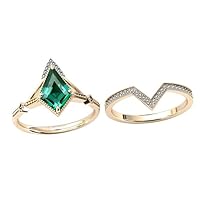 Kite Shaped 2.5 CT Emerald Engagement Rings Set For Women Art Deco Emerald Bridal Ring Set Green Gemstone Wedding Ring Set For Her