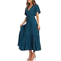 Summer Ladies Casual Solid Color Short Sleeve Maxi Dress Lace-Up High Waist Ruffled Bohemia Dresses