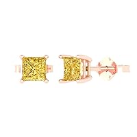 2.0 ct Princess Cut Solitaire Natural Yellow Citrine Pair of Stud Everyday Earrings 18K Pink Rose Gold Butterfly Push Back