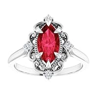 1 CT Vintage Marquise Ruby Engagement Ring 14K White Gold, Halo Filigree Red Ruby Diamond Ring, Victorian Marquise Ruby Ring July Birthstone Rings Promise Ring