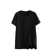 Women Solid Short Sleeve T-Shirt Cotton Crew Neck T-Shirt Top Asymmetric Patchwork Loose Tee
