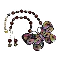 Big Colorful Gemstone Butterfly Handmade Leather Necklace Earrings