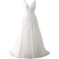 Women's Tulle Floor Length A Line Wedding Dress for Bride Lace Applique Evening Dress V Neck Straps Ball Gowns