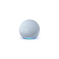Echo Dot (5th Gen) with clock | Compact smart speaker with Alexa and enhanced LED display for at-a-glance clock, timers, weather, and more | Cloud Blue