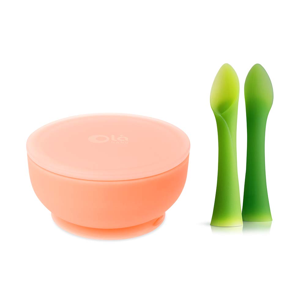 Olababy 100% Silicone Soft-Tip Training Spoon and Suction Bowl with Lid Bundle
