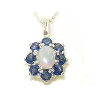 Ladies Solid 925 Sterling Silver Ornate Large Natural Fiery Opal and Sapphire Cluster Pendant Necklace