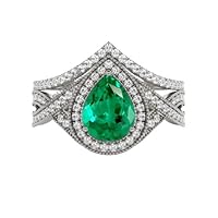Pear Shape Emerald Engagement Ring Set For Women 3 CT 14k Gold Art Deco 2 Piece Wedding Ring Set Antique Bridal Ring Set Anniversary Ring Set Unique Vintage Promise Rings Set