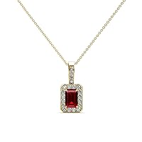 Emerald Cut Ruby & Natural Diamond 3/4 ctw Women Halo Pendant Necklace. Included 18 Inches Chain 14K Gold