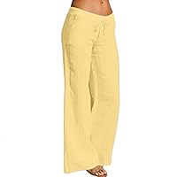 SNKSDGM Women's Summer High Elastic Waisted Cotton Linen Palazzo Pants Wide Leg Long Ruched Office Pant Trouser with Pockets