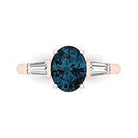 2.6 ct Oval Baguette cut 3 stone Solitaire W/Accent Natural London Blue Topaz Anniversary Promise Bridal ring 18K Rose Gold