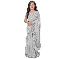 SHOPPING24MART Self Design, Striped, Embellished, Applique Bollywood Lycra Blend, Lace Saree  (Silver) For Kid Girls