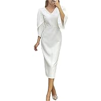 Women's Summer Dresses V Neck 3/4 Sleeves Casual Office Solid Color Party Midi Dresseses