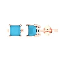 2.0 ct Princess Cut Solitaire Turquoise Pair of Stud Everyday Earrings Solid 18K Pink Rose Gold Butterfly Push Back