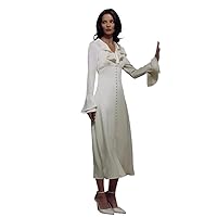 Beige Satin Women Dress Casual Ruffle Collar Long Sleeve Dresses Elegant Classic Solid Female