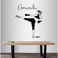 Wall Vinyl Decal Home Decor Art Sticker Girl Woman Kickboxer Kick Boxing Martial Arts Box Customized Name Girl Sport Fitness Gym Room Removable Stylish Mural Unique Design 2418