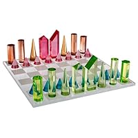 Modern Chess Set - Acrylic Chess Board with 32 Colorful Game Pieces - Unique Tabletop Decor Item with Functional Gameplay