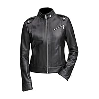 Women's Moto Black Stand Collar Biker Leather Jacket Casual Wear