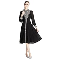 Women Party Dress Spring Chiffon Patchwork Hollow Out Embroidery Lantern Sleeve Single Breasted Midi Vestidos