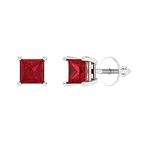 0.9ct Princess Cut Solitaire Simulated Red Ruby Unisex Pair of Stud Earrings 14k White Gold Screw Back conflict free Jewelry
