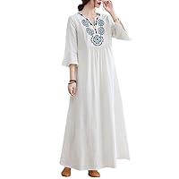 Loose Women's Traditional Chinese Style Embroidered Cotton Linen V-Neck Seven Point Sleeve Dress in Summer