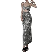 Maxi Dress, Womens Summer Glitter Sequins Bodycon Split Long Dress Sexy Spaghetti Strap Backless Cut Out Party Club Evening Dresses Silver