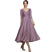 Women's V Neck 3/4 Sleeve Evening Dresses Tea-Length Formal Party Gowns Purple Magenta