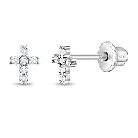 925 Sterling Silver Clear Cubic Zirconia Encrusted Cross Safety Screw Back Earrings For Little Girls - Religious CZ Earrings For Girls - Communion Gifts