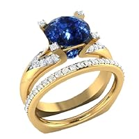 14K Yellow Gold Over Sterling Silver 2.40 CT Round Cut Prong Set Blue Sapphire and Diamond Engagement Wedding Bridal Ring Set Sizable