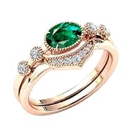 3 CT Art Deco Emerald Engagement Ring Set Oval Shaped Emerald Wedding Ring Set Antique Emerald 2 Piece Bridal Ring Set Women Anniversary Ring Set