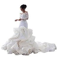 Plus Size Beach Lace Bridal Ball Gowns with Ruffles Train Mermaid Wedding Dresses for Bride Long Sleeve