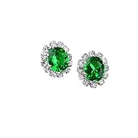 ANGEL SALES 2.00 Ct Oval Cut Green Emerald & Diamond Halo Stud Earrings For Girls & Women's 14K White Gold Plated