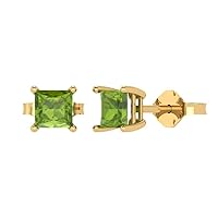 1.1 ct Princess Cut Solitaire VVS1 Natural Green Peridot Pair of Stud Earrings Solid 18K Yellow Gold Butterfly Push Back