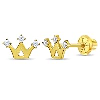 14k Yellow Gold Cubic Zirconia Princess Crown Young Girl's Screw Back Earrings - Screw Back Locking Crown Stud Earrings for Toddlers & Little Girls - Small Tiara Earrings for Children