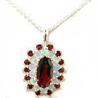 Ladies Solid 925 Sterling Silver 12x6mm Natural Garnet & Opal 3 Tier Large Cluster Pendant Necklace