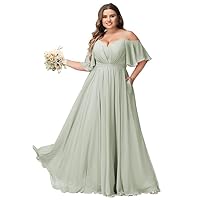 Women's Plus Size Chiffon V-Neck Bridesmaid Dresses Flutter Sleeve Long Formal Party Dress with Pockets