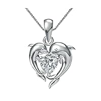 Animas Jewels 1/2 CT Heart Shape Diamond Double Dolphin Fish Pendant Necklace Real 925 Sterling Silver