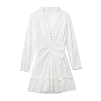 Women V Neck Hollow Out Embroidery Pleat Ruffles White Mini Shirt Dress Female Chic Party Vestidos