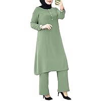IDOPIP Women's Muslim Abaya Dress 2 Pieces Set Long Sleeve Button Down Shirt and Pants Casual Arabic Islamic Dubai Outfits