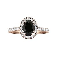 14k Rose Gold Black Onyx Halo Engagement Ring 1 CT For Women Unique Bridal Promise Ring Vintage Wedding Anniversary Ring Black Gemstone Ring