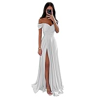 PEIYJYUSP Off Shoulder Satin Bridesmaid Dresses for Wedding Long Ruched A Line Corset Formal Prom Dress with Slit