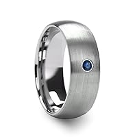 MELANTHIOS Men’s Domed Brushed Tungsten Wedding Ring with Blue Diamond Center - 6mm & 8mm