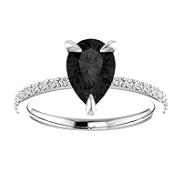 2 Ct Black Diamond Pear Shape Engagement Ring 10K White Gold, Dainty Tear Drop Black Diamond Ring, Edwardian Black Onyx Pear Ring, Black Pear Ring, Valentine's Day