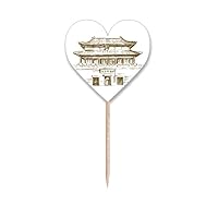Beijing City Landmark Sketch Toothpick Flags Heart Lable Cupcake Picks
