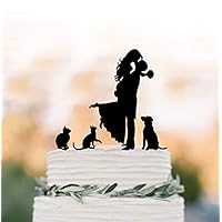 Family Wedding Cake Topper 2 Cats And Dog, Cake Toppers With Two Cats, Couple Silhouette, Cake Toppers Bride And Groom Kissin Silhouette