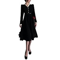 Women Autumn Lace Zipper Dress Stand Collar Long Sleeve Button Mesh Patchwork Vintage Dresses