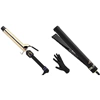 HOT TOOLS Pro Artist 24K Gold Extra Long Curling Iron/Wand | Long Lasting Defined Curls, (1-1/4 in) & Pro Artist Black Gold Evolve Ionic Salon Hair Flat Iron | Long-Lasting Finish